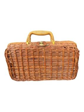 Vintage Wicker Rattan Box Purse Structured Top Handle Basket Handbag
